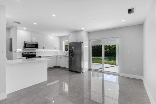 kitchen with kitchen peninsula, stainless steel appliances, sink, white cabinets, and electric panel