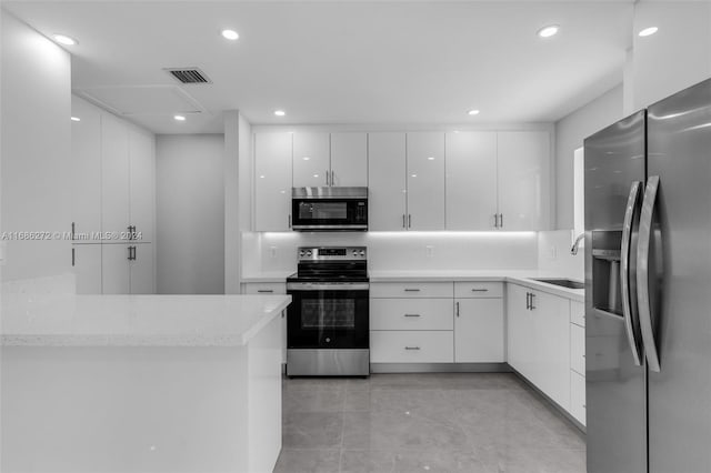 kitchen featuring kitchen peninsula, white cabinetry, sink, and appliances with stainless steel finishes