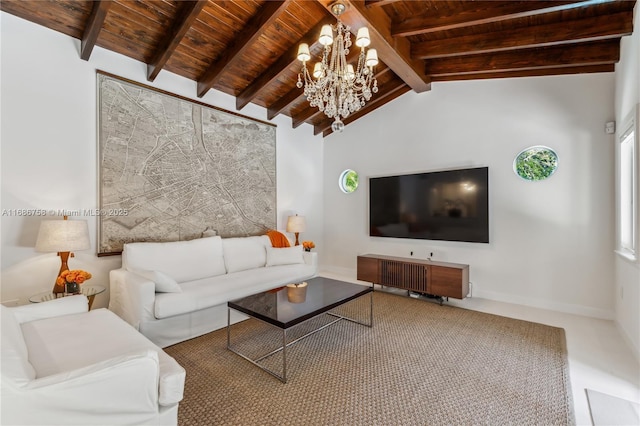 living room with a chandelier, wood ceiling, beam ceiling, and high vaulted ceiling