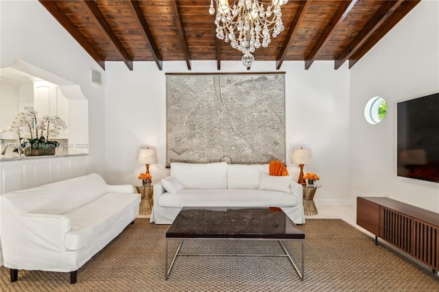 carpeted living room featuring lofted ceiling with beams, a notable chandelier, and wooden ceiling