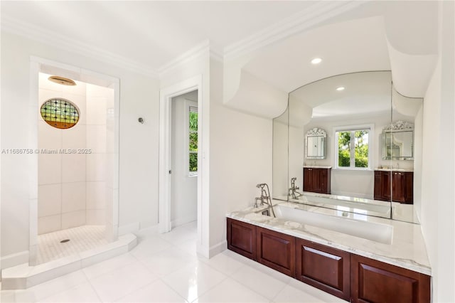 bathroom featuring vanity, tile patterned floors, crown molding, and plus walk in shower