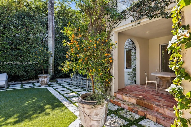 exterior space featuring a yard and a patio