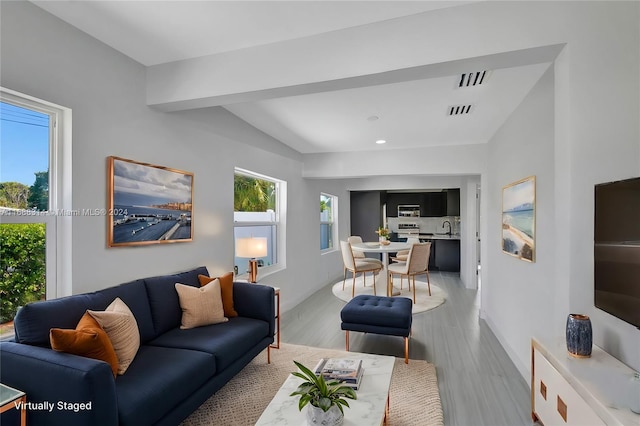 living room with light hardwood / wood-style flooring and sink