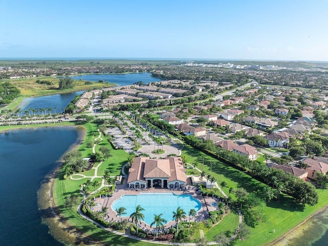 drone / aerial view featuring a water view