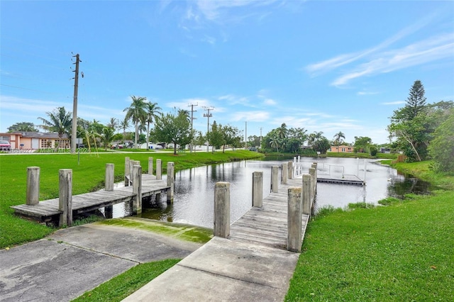 dock area featuring a water view and a yard