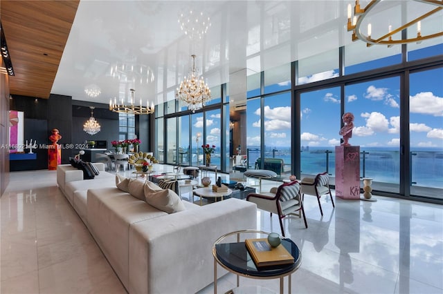 1451 Brickell Ave Ph 54, Miami, FL 33131 - living area with a chandelier, expansive windows, tile patterned flooring, a towering ceiling, and wooden ceiling