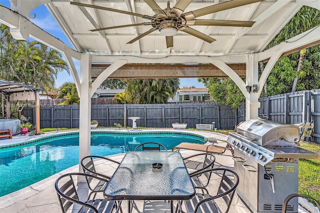 view of pool with a patio area, area for grilling, and ceiling fan