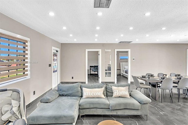 living room featuring a textured ceiling