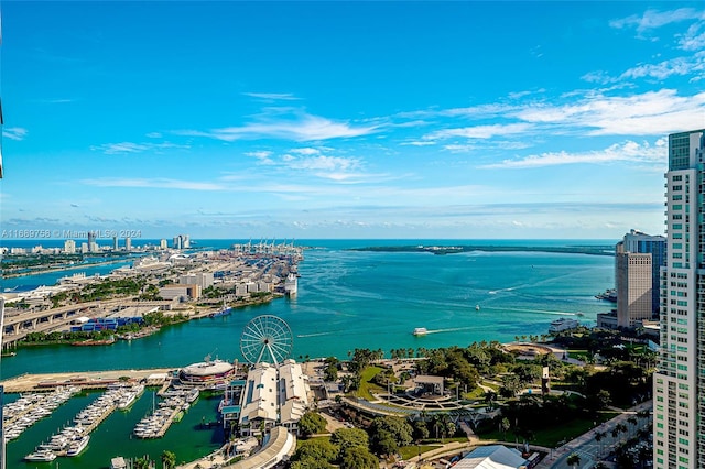 aerial view featuring a water view