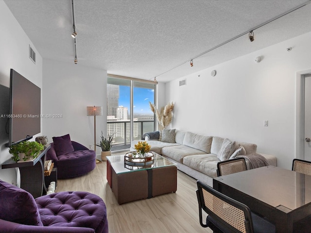 living room with light wood-type flooring, expansive windows, rail lighting, and a textured ceiling