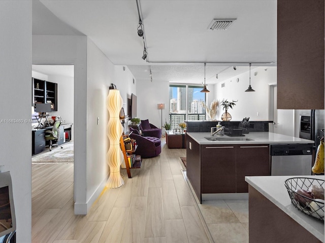 kitchen with stainless steel dishwasher, rail lighting, sink, and pendant lighting