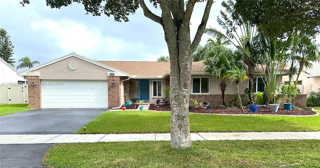 ranch-style home with a front lawn and a garage