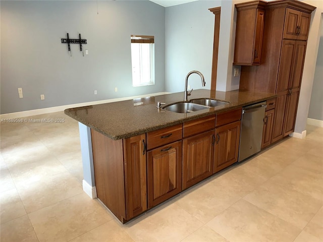 kitchen with sink, stainless steel dishwasher, and dark stone counters