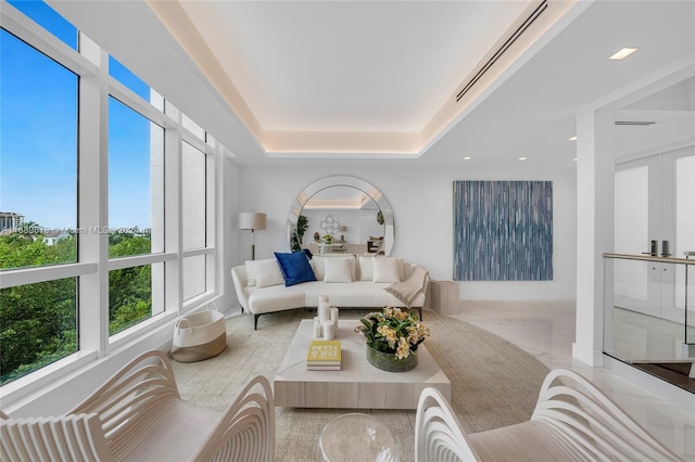 living room with a tray ceiling