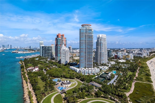 birds eye view of property featuring a water view