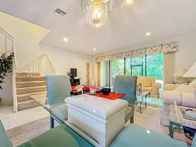 tiled living room with an inviting chandelier