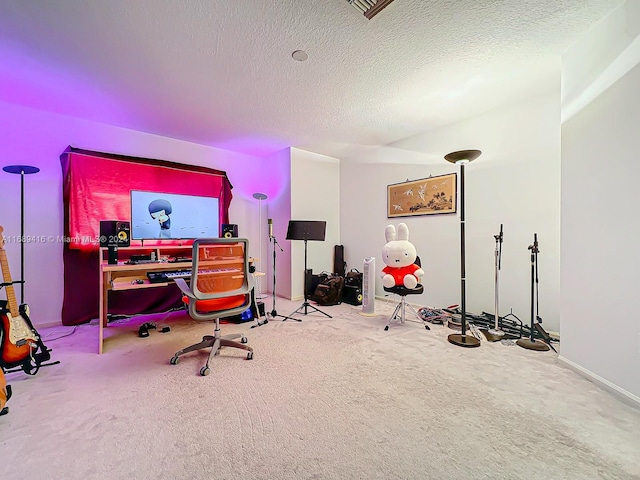 office area featuring carpet and a textured ceiling