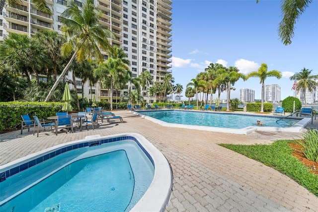 view of swimming pool featuring a patio area