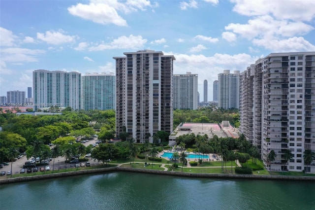 exterior space with a water view