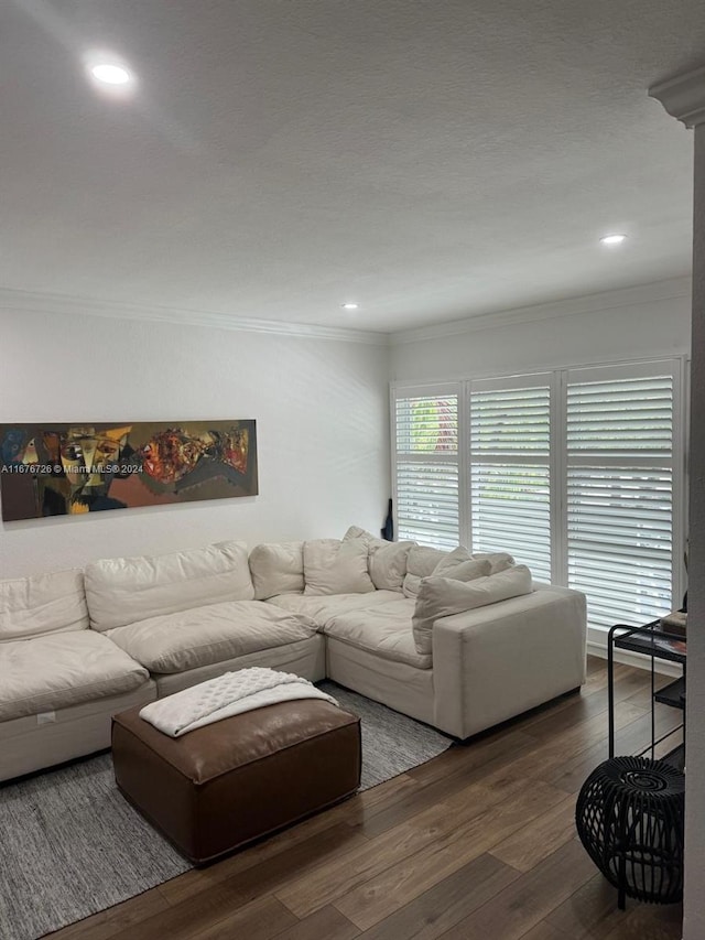 living room with dark hardwood / wood-style flooring and ornamental molding