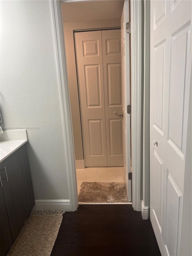 bathroom featuring hardwood / wood-style floors and vanity