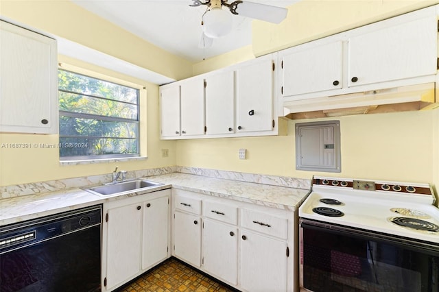 kitchen with black dishwasher, sink, white cabinets, white electric range, and ceiling fan