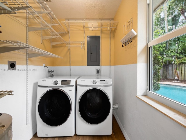 washroom with hardwood / wood-style floors, electric panel, a wealth of natural light, and washing machine and clothes dryer