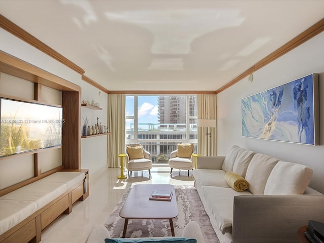 living room featuring expansive windows, ornamental molding, and light tile patterned flooring