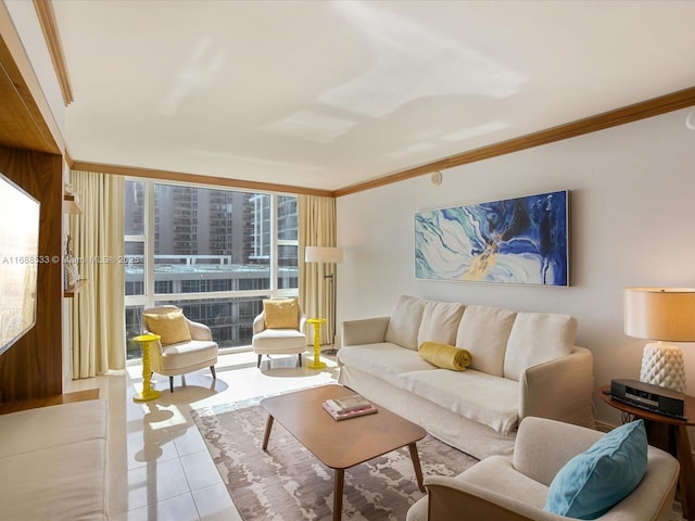 tiled living area featuring expansive windows and ornamental molding