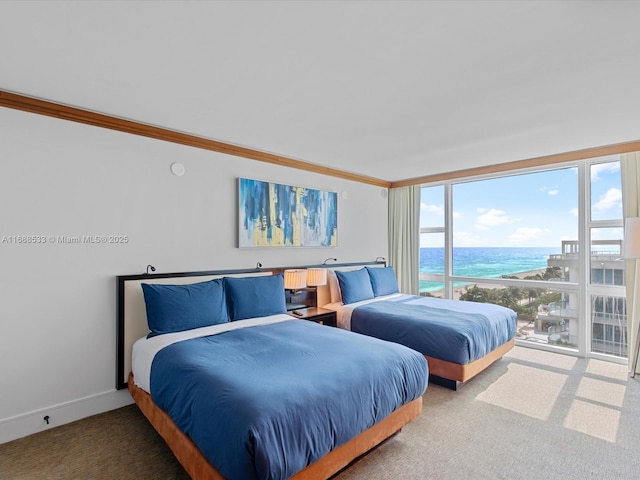 carpeted bedroom featuring baseboards, ornamental molding, and a water view