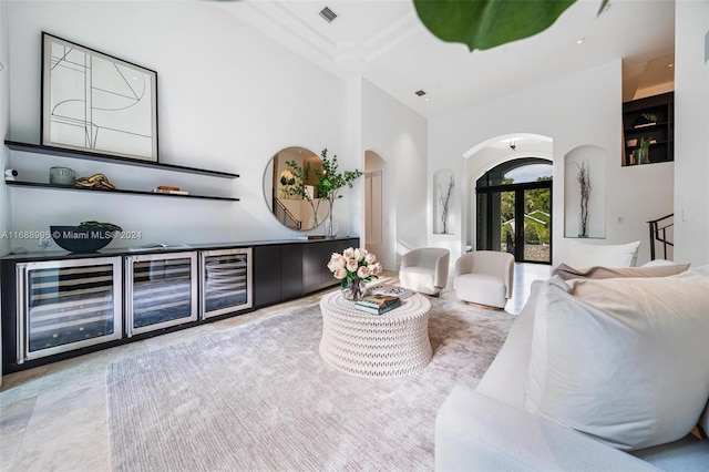 living room with beverage cooler