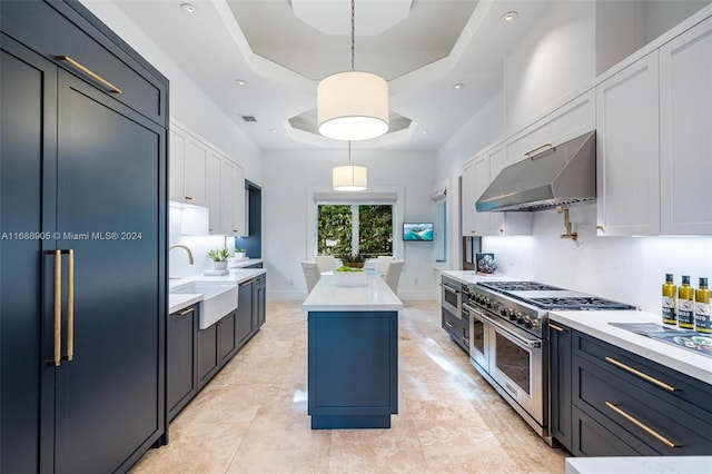 kitchen with a center island, high end appliances, sink, a raised ceiling, and decorative light fixtures