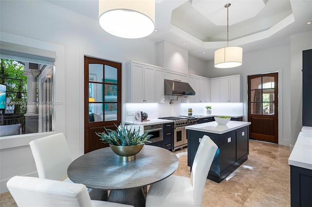 kitchen featuring stainless steel appliances, a center island, a raised ceiling, pendant lighting, and white cabinetry