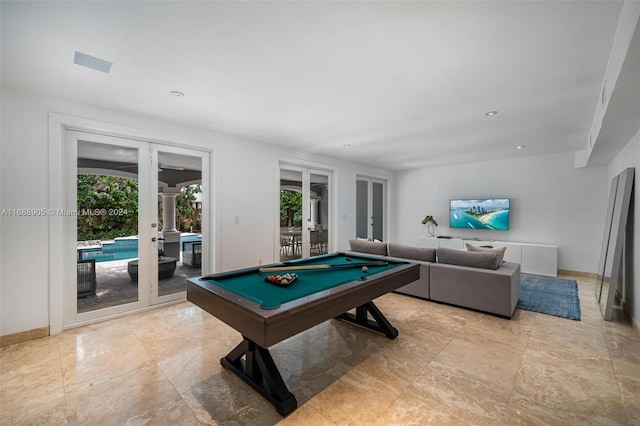 playroom with french doors, billiards, and a wealth of natural light