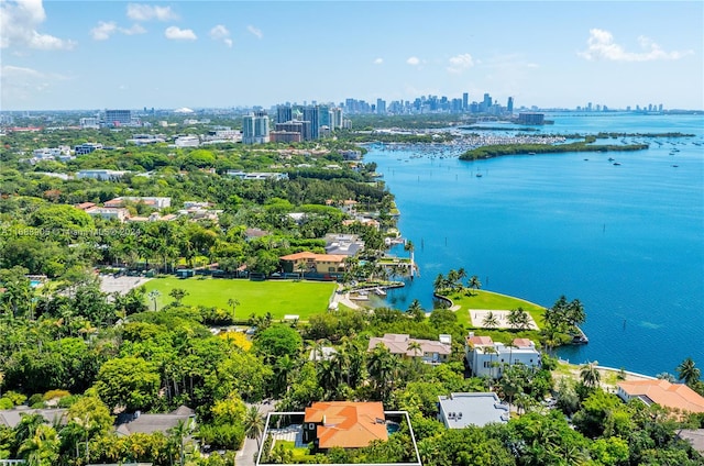 aerial view featuring a water view