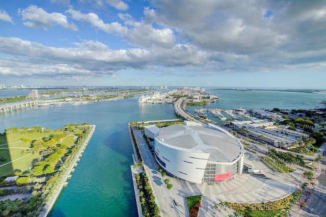 drone / aerial view featuring a water view