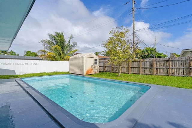 view of pool with a storage unit and a patio