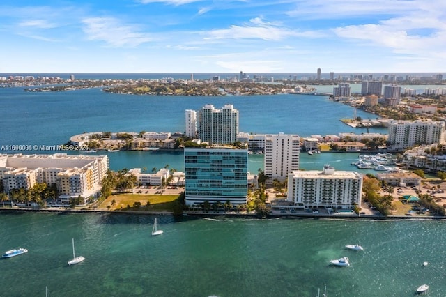 aerial view featuring a view of city and a water view