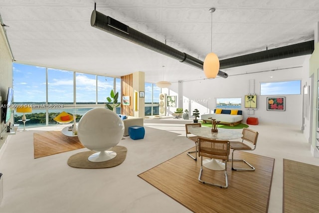 playroom featuring a wall of windows and concrete flooring