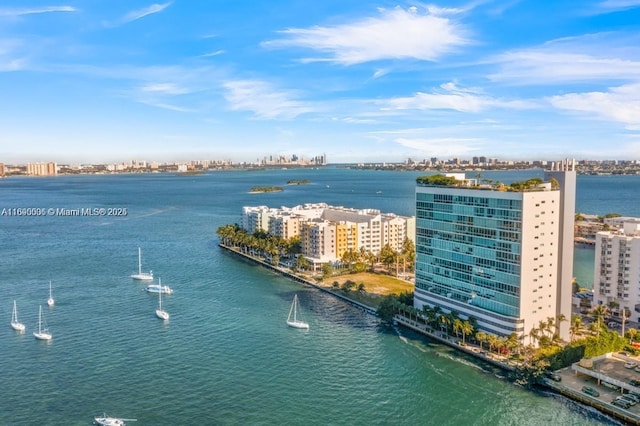 birds eye view of property with a water view and a city view