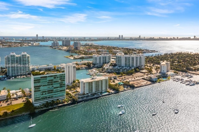 bird's eye view featuring a city view and a water view