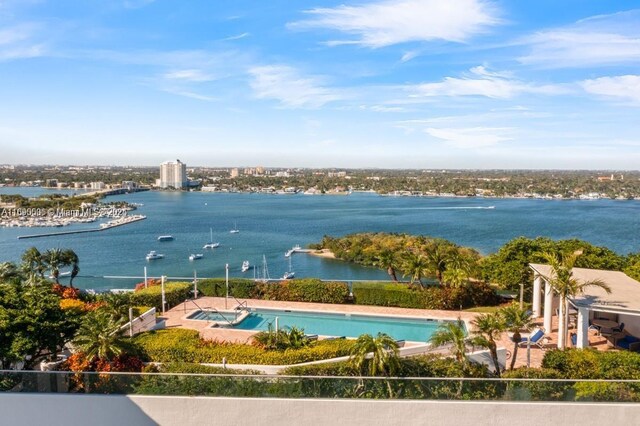 aerial view featuring a water view