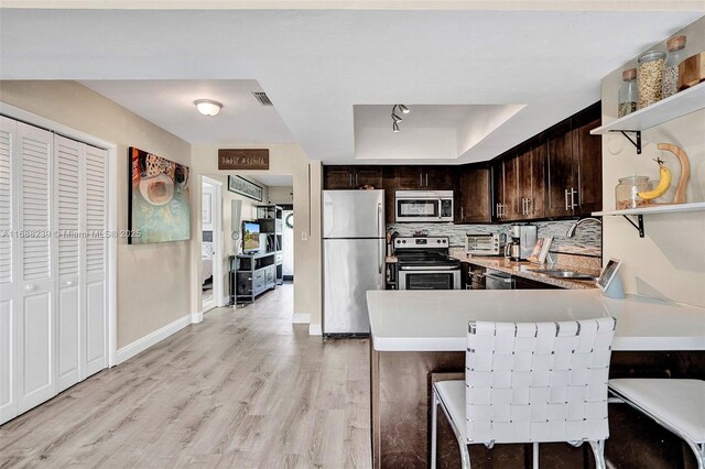 kitchen with stainless steel appliances, dark brown cabinetry, kitchen peninsula, and light wood-type flooring