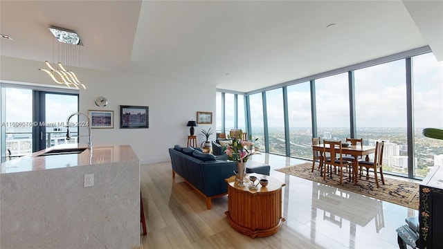 living room featuring light hardwood / wood-style floors, sink, and floor to ceiling windows