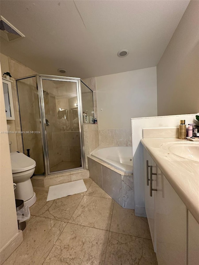 full bathroom with vanity, toilet, and plus walk in shower