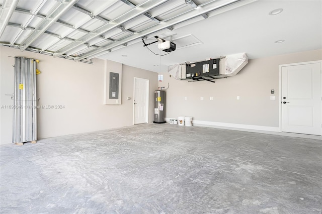 garage featuring water heater, a garage door opener, and electric panel