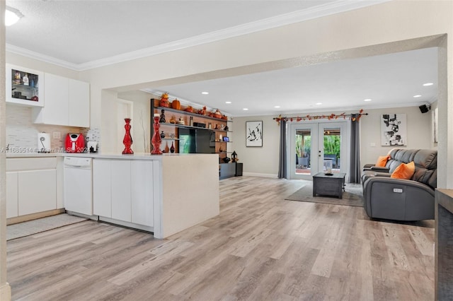 kitchen with ornamental molding, white cabinetry, white dishwasher, and light hardwood / wood-style flooring