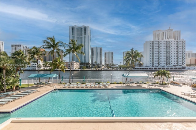 view of swimming pool featuring a patio area and a water view