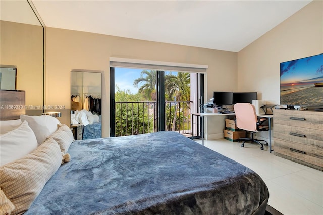 tiled bedroom with access to outside and lofted ceiling