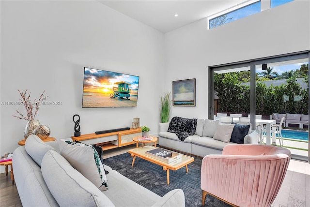 living room with hardwood / wood-style flooring and a towering ceiling